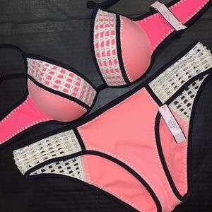 Victoria's Secret 34A BIKINI S SURF CROCHET stitched HOT PINK NECTAR ORANGE